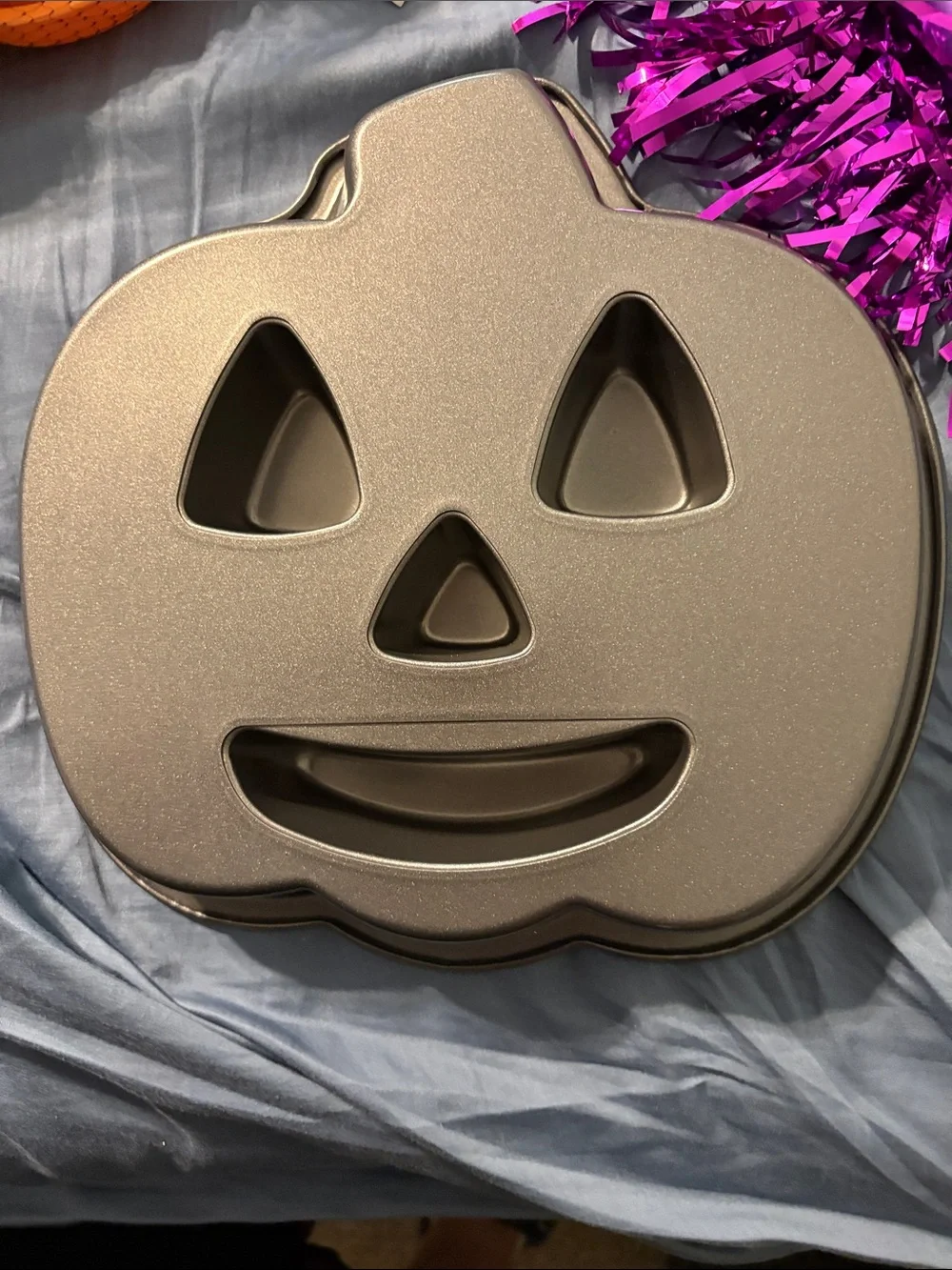 Halloween Pumpkin Cake Pan, witch head band, bowls, purple shaker on stick